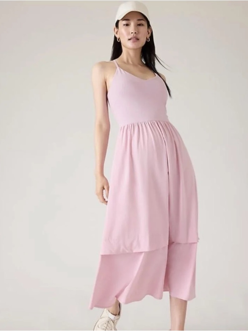 Athleta Sz L Elation Hybrid V Neck Baby Pink Athleisure Midi Dress